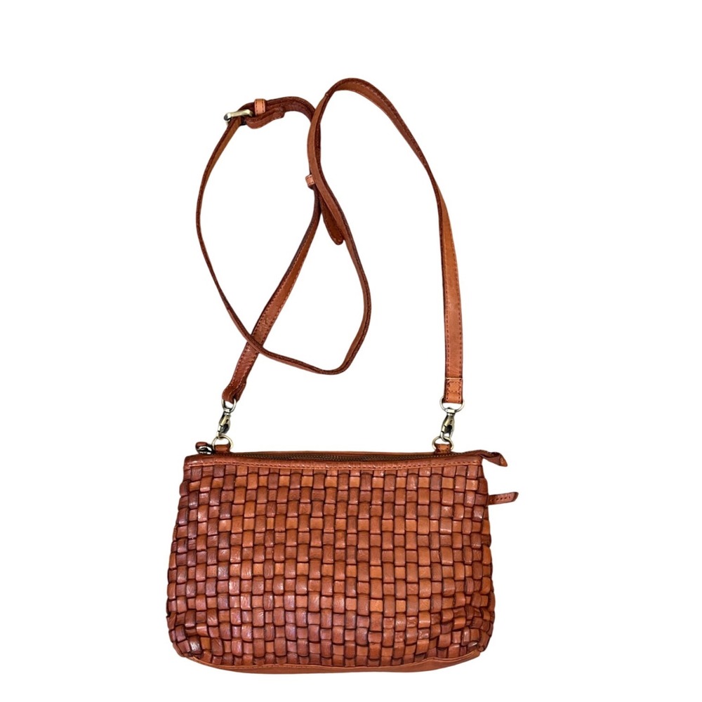 Marta Ponti Brown Woven Genuine Leather Crossbody Bag Cognac Small Messenger
